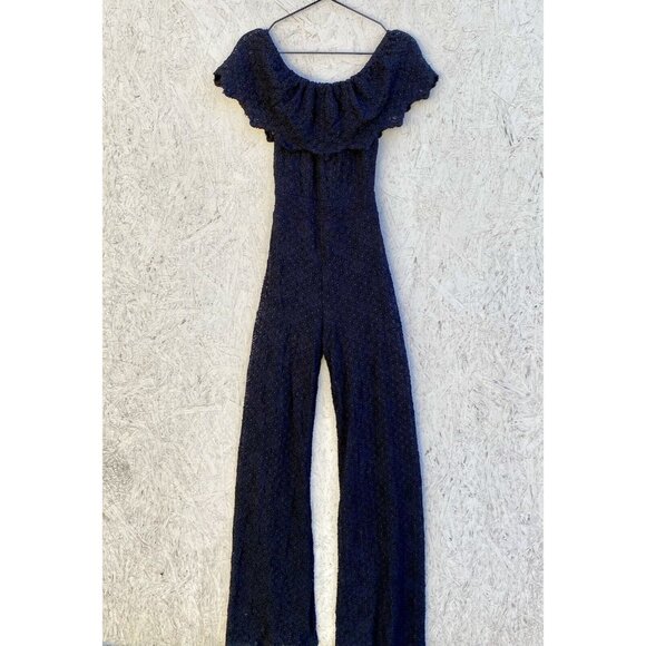 Nightcap Clothing Stretch Lace Ruffle Off Shoulder Open Back Jumpsuit Sz XS - Picture 2 of 10